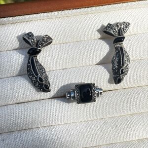 Vintage Sterling Silver Onyx & Marcasite Art Deco Style Earrings & Ring Estate